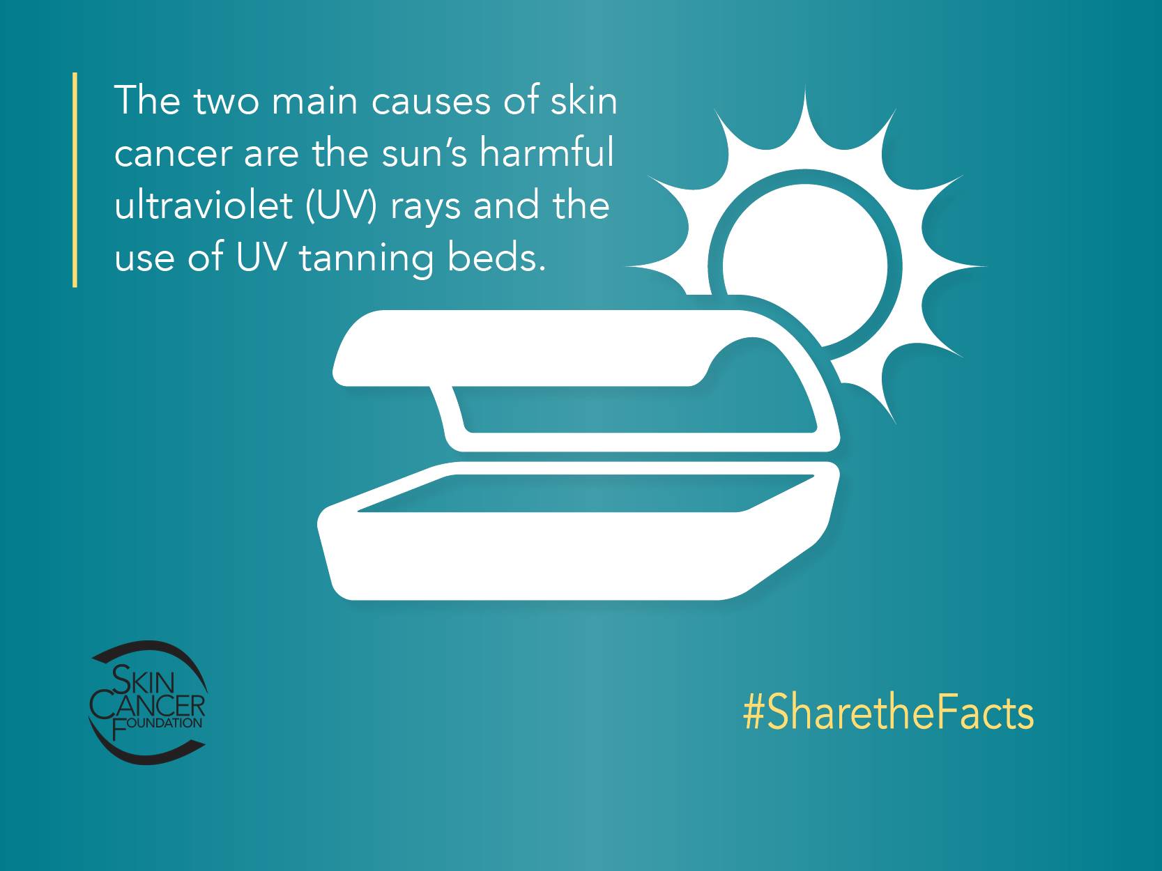 Icon of a tanning bed and sun with the words "The two main causes of skin cancer are the sun's harmful ultraviolet (UV) rays and the use of UV tanning beds. #Share the Facts"